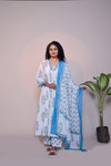 White floral motifs 3/4 slevee salwar suit with matching pant and printed dupatta