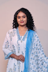 White floral motifs 3/4 slevee salwar suit with matching pant and printed dupatta