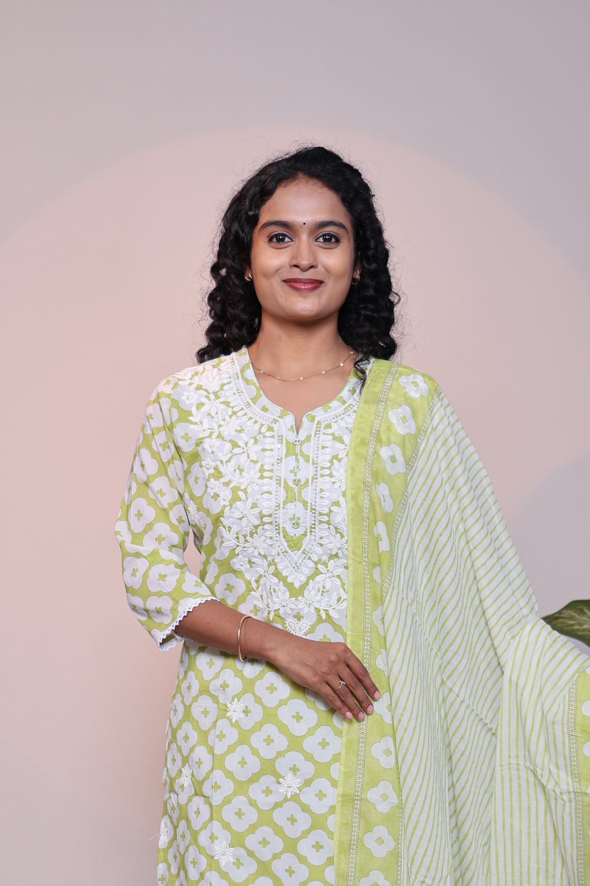 Green floral motifs 3/4 slevee salwar suit with matching pant and printed dupatta