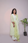 Green floral motifs 3/4 slevee salwar suit with matching pant and printed dupatta