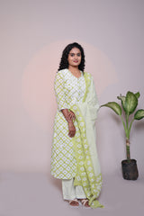 Green floral motifs 3/4 slevee salwar suit with matching pant and printed dupatta