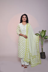 Green floral motifs 3/4 slevee salwar suit with matching pant and printed dupatta