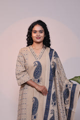 Light brown floral motifs 3/4 slevee salwar suit with matching pant and printed dupatta
