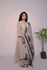Light brown floral motifs 3/4 slevee salwar suit with matching pant and printed dupatta