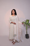 Off white floral motifs 3/4 slevee salwar suit with matching pant and printed dupatta