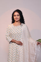 Off white floral motifs 3/4 slevee salwar suit with matching pant and printed dupatta