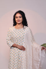 Off white floral motifs 3/4 slevee salwar suit with matching pant and printed dupatta