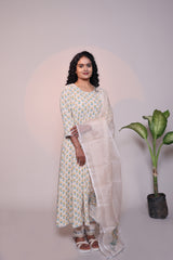 Off white floral motifs 3/4 slevee salwar suit with matching pant and printed dupatta