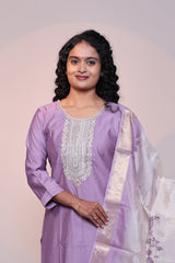 Lavender embroidery 3/4 slevee salwar suit with matching pant and floral printed dupatta