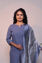Grey plain 3/4 slevee salwar suit with matching pant and floral printed dupatta