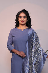 Grey plain 3/4 slevee salwar suit with matching pant and floral printed dupatta