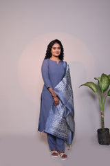 Grey plain 3/4 slevee salwar suit with matching pant and floral printed dupatta