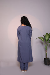 Grey plain 3/4 slevee salwar suit with matching pant and floral printed dupatta