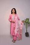Pink embroidery 3/4 slevee salwar suit with matching pant and floral printed dupatta