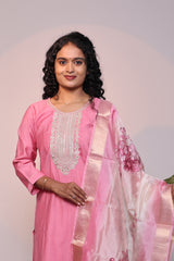 Pink embroidery 3/4 slevee salwar suit with matching pant and floral printed dupatta
