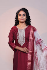 Maroon embroidery 3/4 slevee salwar suit with matching pant and floral printed dupatta