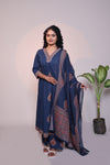 Blue V neck butta design 3/4 slevee salwar suit with matching pant and floral printed dupatta