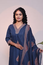 Blue V neck butta design 3/4 slevee salwar suit with matching pant and floral printed dupatta