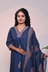 Blue V neck butta design 3/4 slevee salwar suit with matching pant and floral printed dupatta