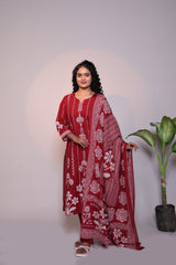 Red floral design 3/4 slevee salwar suit with matching pant and floral printed dupatta