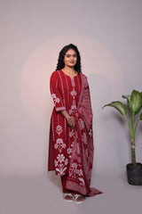 Red floral design 3/4 slevee salwar suit with matching pant and floral printed dupatta