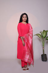 Pink plain 3/4 slevee salwar suit with matching pant and printed dupatta