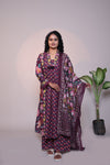 Purple floral design 3/4 slevee salwar suit with matching pant and printed dupatta