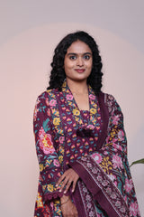 Purple floral design 3/4 slevee salwar suit with matching pant and printed dupatta