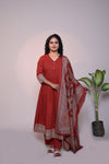 Rust orange embroidery design 3/4 slevee salwar suit with matching pant and printed dupatta