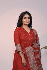 Rust orange embroidery design 3/4 slevee salwar suit with matching pant and printed dupatta