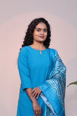 Blue plain 3/4 slevee salwar suit with matching pant and floral printed dupatta