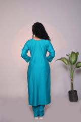 Blue embroidery 3/4 slevee salwar suit with matching pant and floral printed dupatta