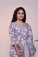 Mauve floral design 3/4 slevee salwar suit with matching pant and floral printed dupatta