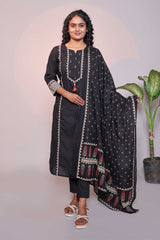 Black motifs design 3/4 slevee salwar suit with matching pant and floral printed dupatta