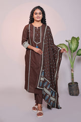 Brown motifs design 3/4 slevee salwar suit with matching pant and floral printed dupatta