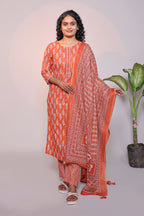 Orange motifs design 3/4 slevee salwar suit with matching pant and floral printed dupatta