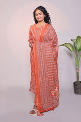 Orange motifs design 3/4 slevee salwar suit with matching pant and floral printed dupatta