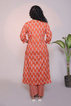 Orange motifs design 3/4 slevee salwar suit with matching pant and floral printed dupatta
