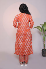 Orange motifs design 3/4 slevee salwar suit with matching pant and floral printed dupatta