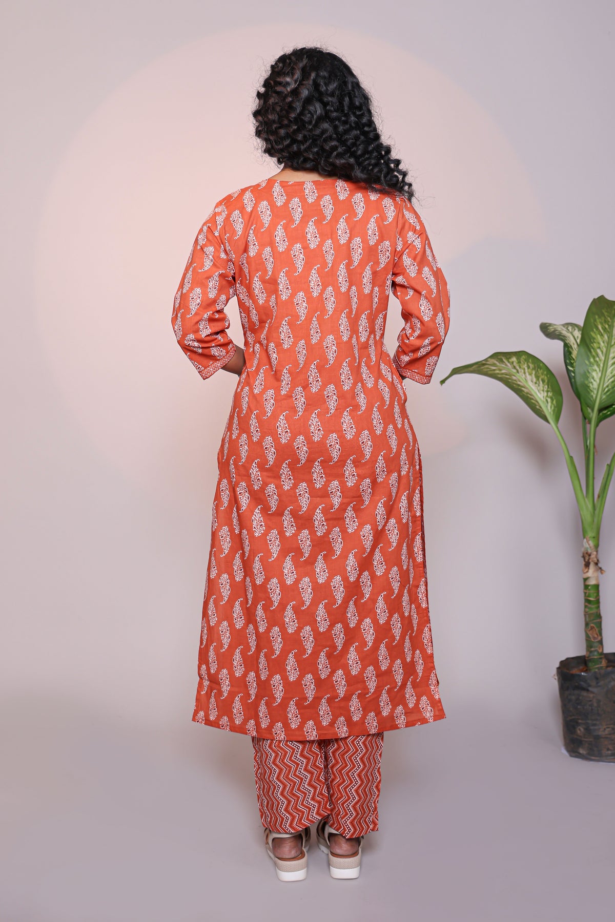 Orange motifs design 3/4 slevee salwar suit with matching pant and floral printed dupatta