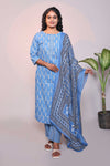 Blue motifs design 3/4 slevee salwar suit with matching pant and floral printed dupatta