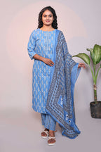 Blue motifs design 3/4 slevee salwar suit with matching pant and floral printed dupatta