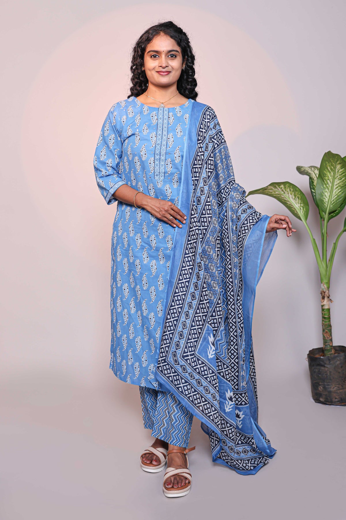 Blue motifs design 3/4 slevee salwar suit with matching pant and floral printed dupatta