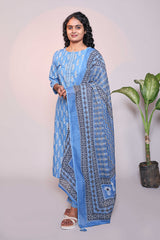 Blue motifs design 3/4 slevee salwar suit with matching pant and floral printed dupatta