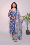 Dark blue motifs design 3/4 slevee salwar suit with matching pant and floral printed dupatta