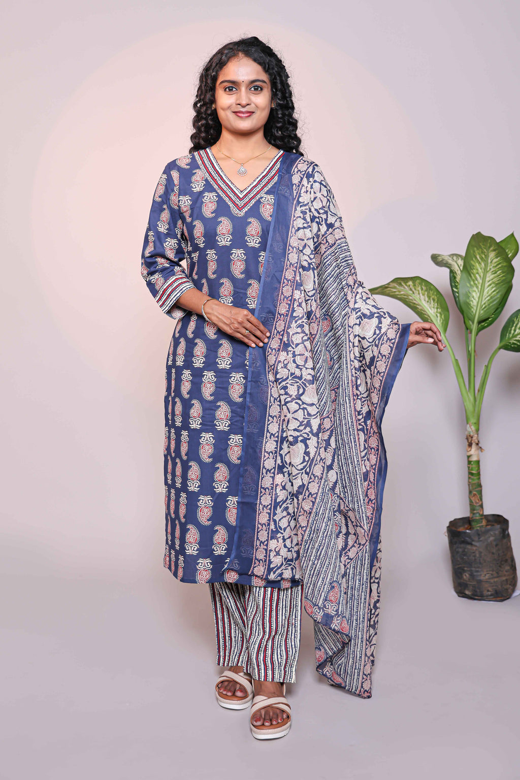 Dark blue motifs design 3/4 slevee salwar suit with matching pant and floral printed dupatta