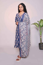 Dark blue motifs design 3/4 slevee salwar suit with matching pant and floral printed dupatta