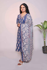 Dark blue motifs design 3/4 slevee salwar suit with matching pant and floral printed dupatta