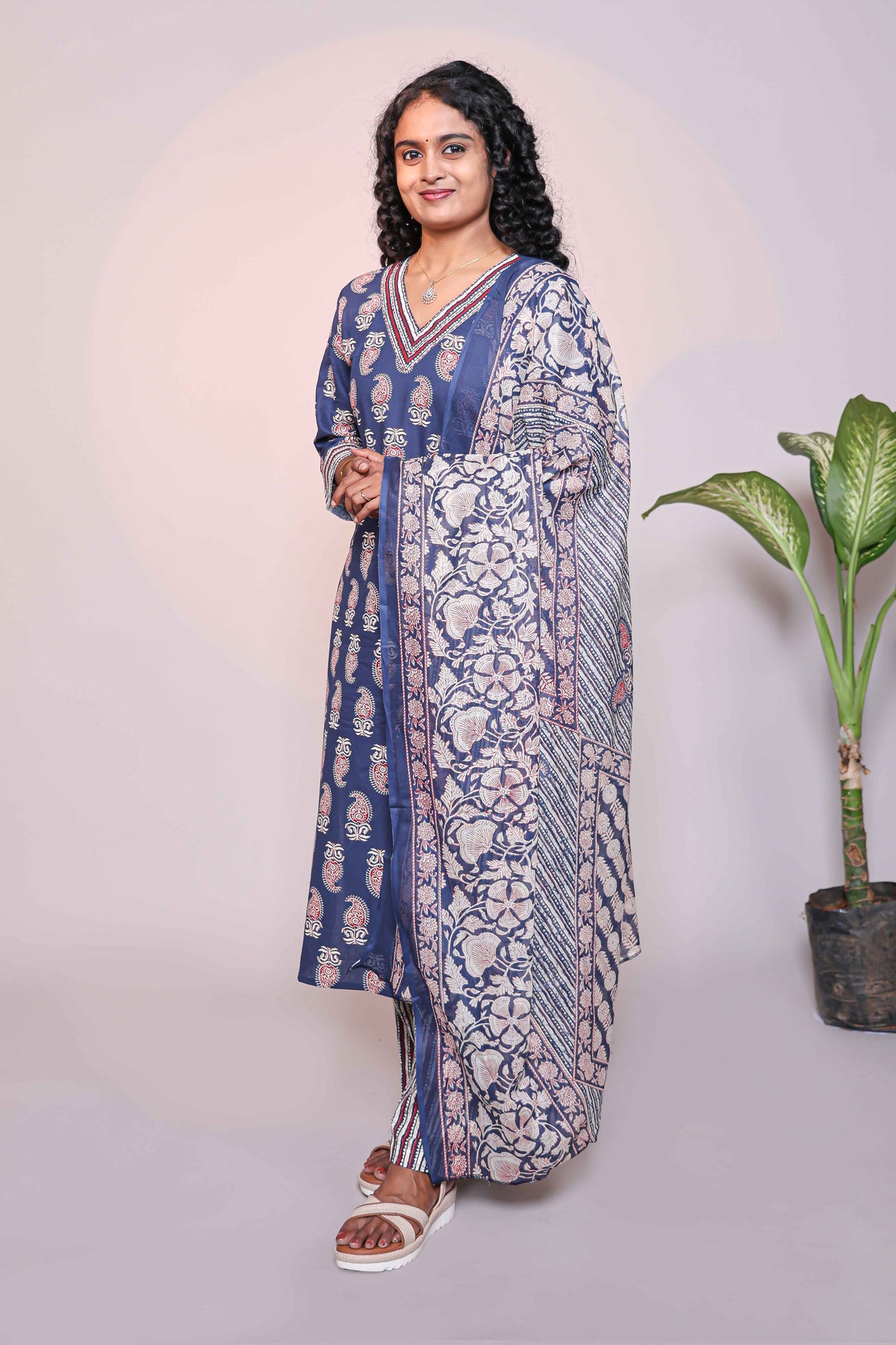 Dark blue motifs design 3/4 slevee salwar suit with matching pant and floral printed dupatta