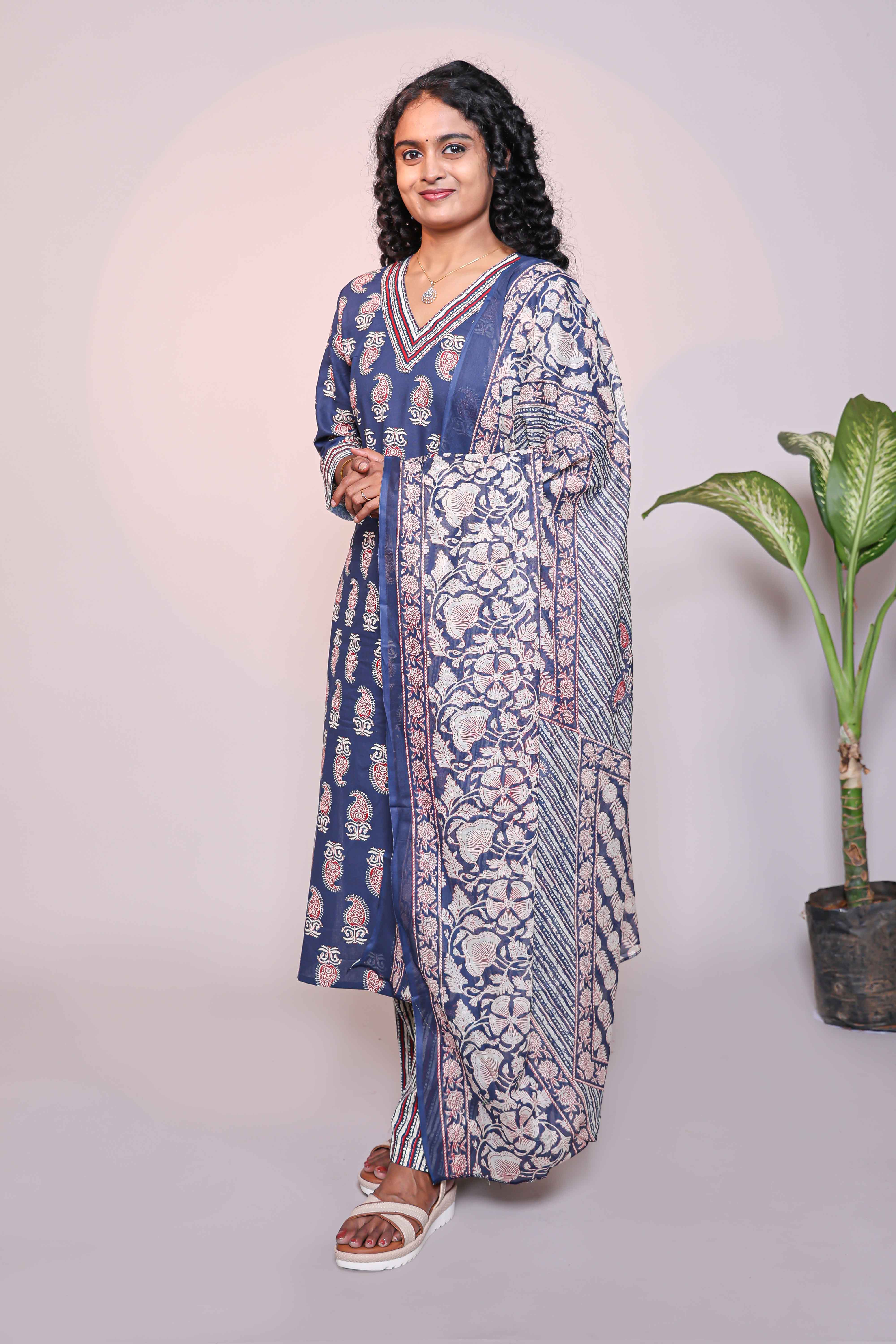 Dark blue motifs design 3/4 slevee salwar suit with matching pant and floral printed dupatta